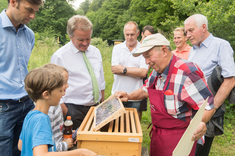 Ein Imker zeigt Erwachsenen, zwei Kindern und Herrn Untersteller das Innere einer Bienenbox