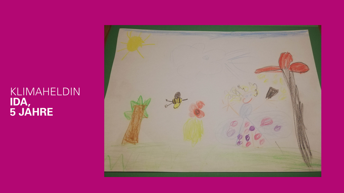 Eine Buntstiftzeichnung mit Bäumen, Blume, Biene, Sonne, Himmel und einem fröhlichen Mädchen.