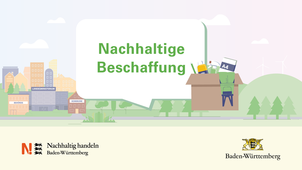 Das Vorschaubild für den Erklärfilm "Nachhaltige Beschaffung" enthält den Titel des Filmes, die Logos der Nachhaltigkeitsstrategie Baden-Württemberg und des Landes Baden-Württemberg, eine Illustration einer Stadt mit grünem Umfeld und einer Kiste mit Putzmittel, Kleidung und Druckerpapier.