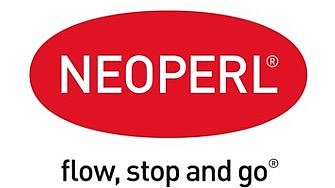 In einem roten ovalen Form steht der weiße Schriftzug der NEOPERL GmbH vor weißem Hintergrund.