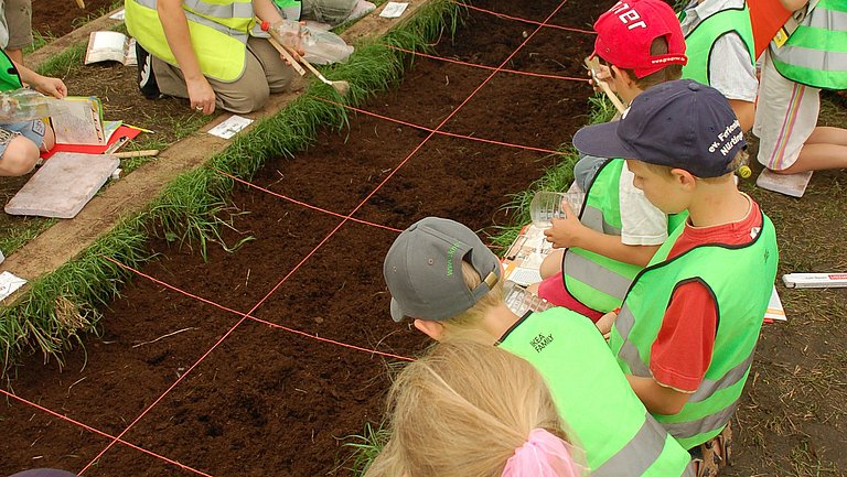 Einige Kinder sitzen vor einem Ausgrabungsfeld im Federseemuseum Bad Buchau und bereiten ihre Ausgrabung vor.