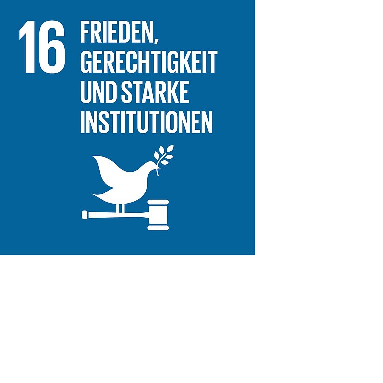 Icon für SDG 16 Frieden und Gerechtigkeit, dargestellt wird eine Friedenstaube auf einem Richterhammer auf dunkelblauem Hintergrund.