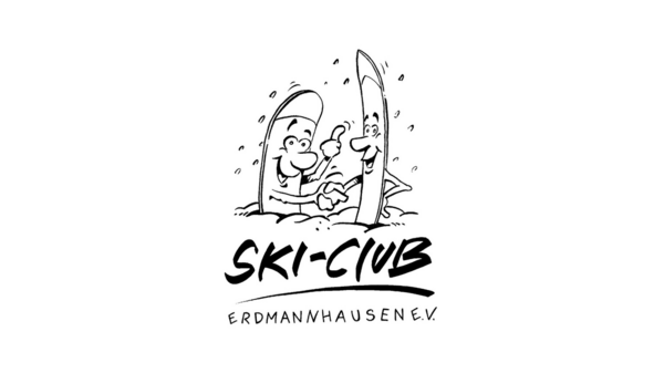 Logo des Ski Club Erdmannhausen: Zwei mit schwarz gezeichnete Ski mit Augen, Nase und Mund, darunter Schriftzug Ski-Club Erdmannhausen e.V.