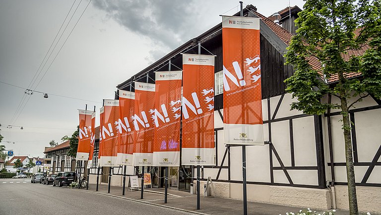 An mehreren Fahnenmasten hängen orangefarbene Fahnen der Nachhaltigkeitsstrategie Baden-Württemberg.