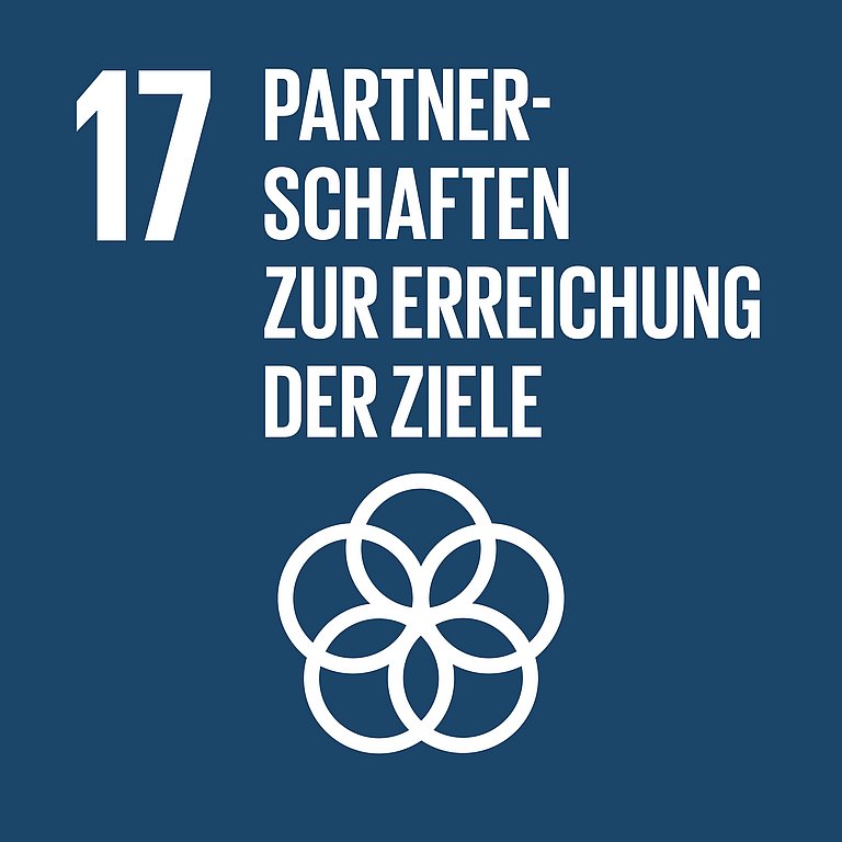 Icon für SDG 17 – Partnerschaften, dargestellt werden fünf ineinandergeschlungene Kreise auf dunkelblauem Hintergrund.
