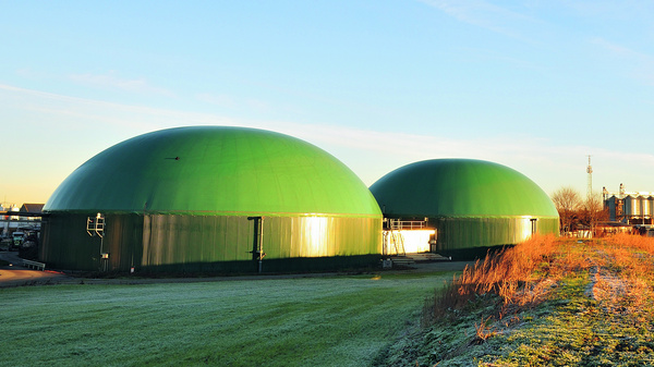 Eine Biogasanlage mit einem großn Fermenter undanschließendem Nachgärer stehen an einem Ortsrand.