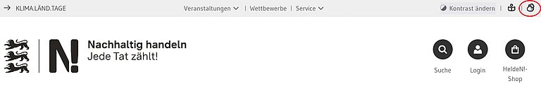 Ein Sreenshot des Headers zeigt die ersten beiden Navigationszeilen. Rot umrandet ist der Link zur Gebärdensprache.