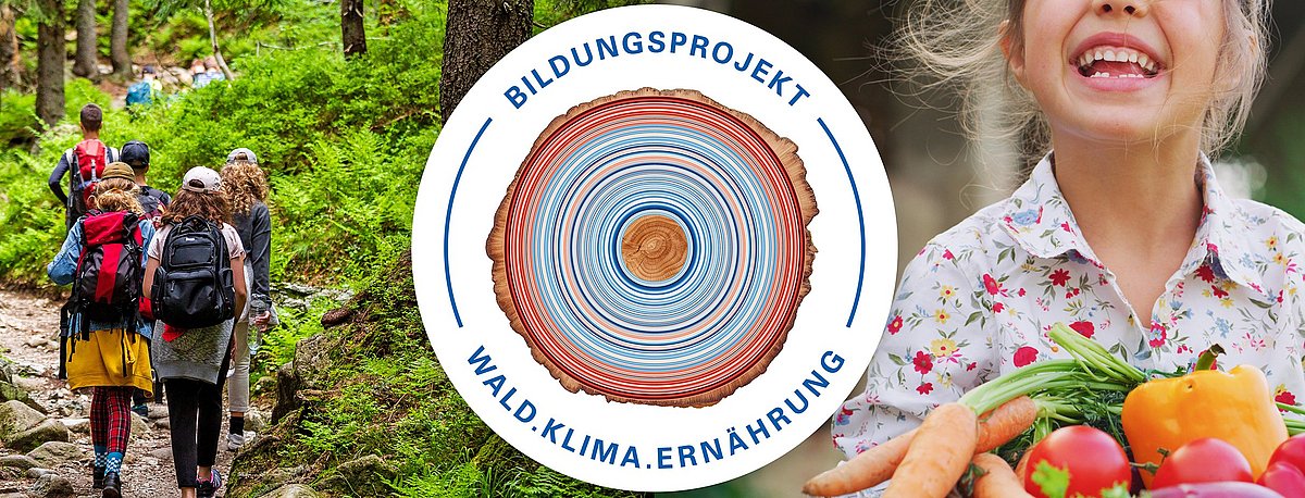 Logo für Wald.Klima.Ernährung in der Mitte. Links ein Wald mit Spaziergängern und rechts ein lachendes Mädchen.