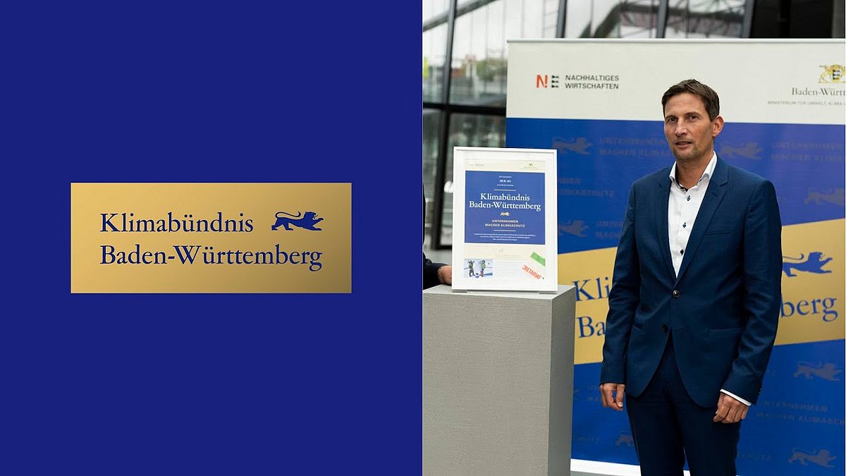 Links das Logo in gold und blau "Klimabündnis Baden-Württemberg, Unternehmen machen Klimaschutz". Rechts ein Thosya Zywietz.