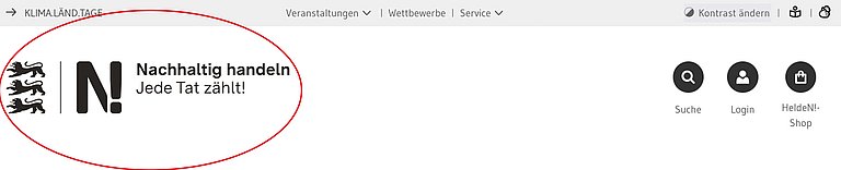 Ein Sreenshot des Headers zeigt die ersten beiden Navigationszeilen. Rot umrandet ist der Link N-Logo. Dieser führt immer zurück zur Startseite..