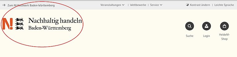 Ein Sreenshot des Headers zeigt die ersten beiden Navigationszeilen. Rot umrandet ist der Link N-Logo. Dieser führt immer zurück zur Startseite..
