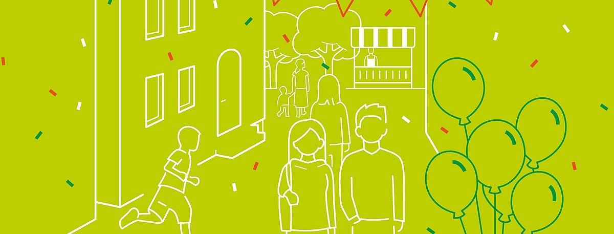 Grafik einer Fußgängerzone, Personen und Luftballons. Im Hintergrund ist ein spielendes Kind, eine Hauswand, Bäume und ein Verkaufsstand zu sehen.
