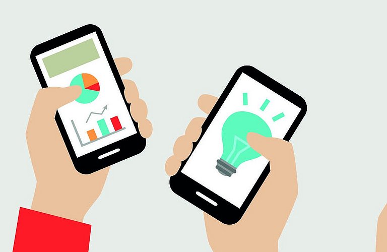 Grafik mit fünf Mobiltelefonen, die mit Armen nach oben gehoben werden