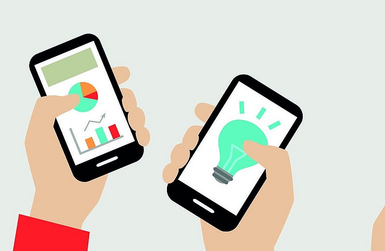 Grafik mit fünf Mobiltelefonen, die mit Armen nach oben gehoben werden