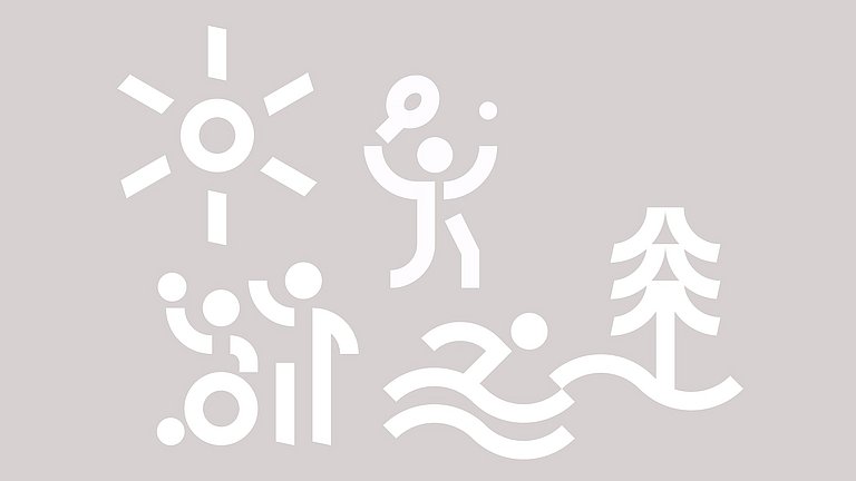 Iconlandschaft mit einer Sonne, einer Tanne und mit zwei Männchen beim Schwimmen und Tennis spielen. Ebenfalls ein Piktogramm für Inklusion: Figur im Rollstuhl und daneben eine stehende Figur