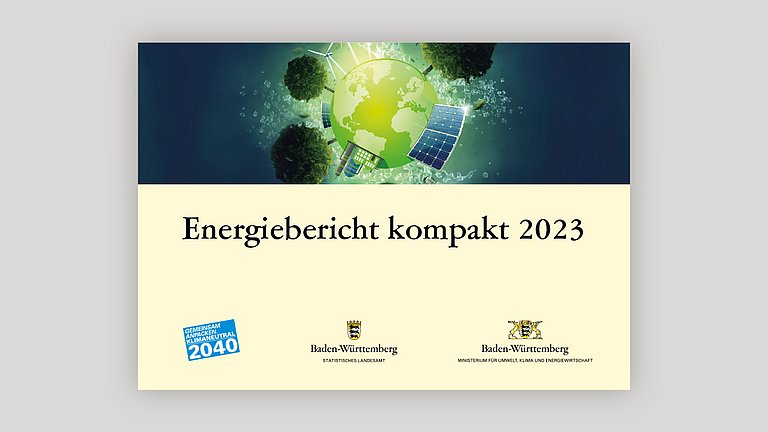 Der Energiebericht 2023 gibt eine kompakte Zusammenfassung des Energieverbrauchs in Baden-Württemberg. Das Cover des Energieberichts. Im oberen Drittel ist ein grafisches Bild mit der Erdkugel zu sehen auf dem Solarpanels, Windräder und Bäume stehen. Im unteren dritter ist der schwarze Schriftzug vor gelbem Hintergrund zu sehen.