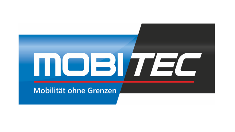 Logo von MobiTEC, weiße Schrift auf blauem und schwarzem Hintergrund