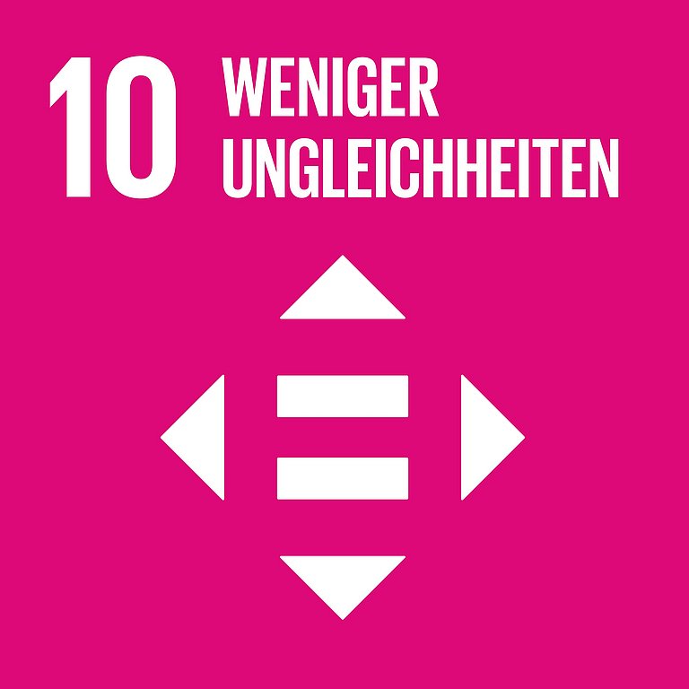Icon für SDG 10 Weniger Ungleichheiten, dargestellt wird ein sich nach rechts öffnender Kreis mit einem Gleichheitszeichen in der Mitte auf pinkfarbenem Hintergrund.