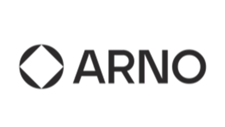 Logo der ARNO GmbH, schwarze Schrift auf hellgrauem Hintergrund.