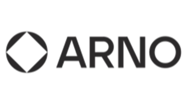 Logo der ARNO GmbH, schwarze Schrift auf hellgrauem Hintergrund.