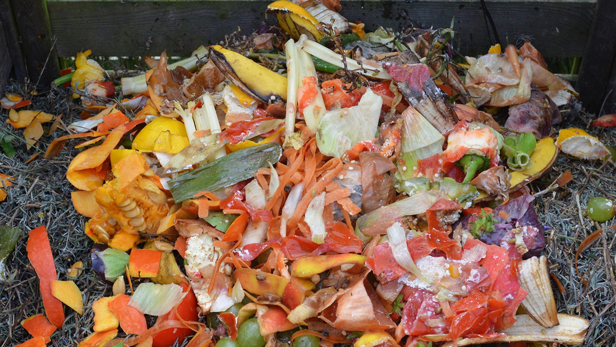 Abfälle aus der Küche wie Karotten- und Zwiebelschalen Paprikastümpfe oder Salatreste liegen auf einem Komposthaufen.