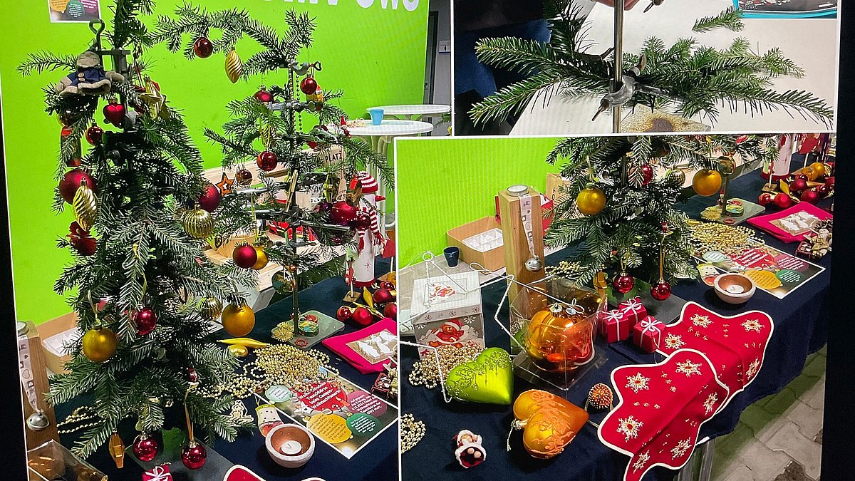 Drei bilder in einem vom Stand der Tauschbörse und seiner Gestaltung.