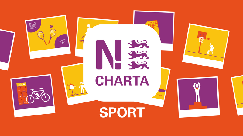 Weißes Logo von N!-Charta Sport auf rotem Hintergrund, dazu Grafiken von verschiedenen Sportarten
