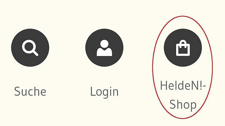 Ein Sreenshot zeigt aus aus dem Header einen Detail zu den Naviagtionspunkten Suche, Login und Helden-Shop. Umrandet ist der Link "Helden-Shop".