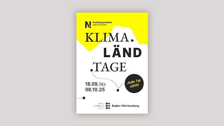 Das Cover des KLIMA.LÄND.TAGE-Flyers 2025 mit gelben und weißen Elementen sowie schwarzer Schrift.