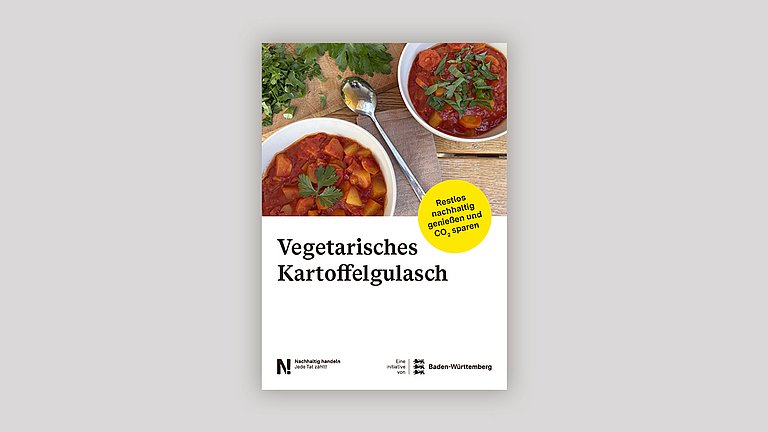 Titelseite der Rezeptpostkarte vegetarisches Kartoffelgulasch