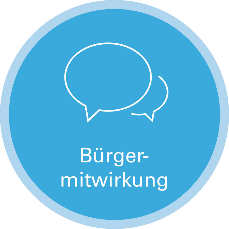Handlungsfeld Bürgermitwirkung Icon zu Handlungsfeld: Bürgermitwirkung. Die Grafik zeigt die Strichzeichnung zweier Sprechblasen.