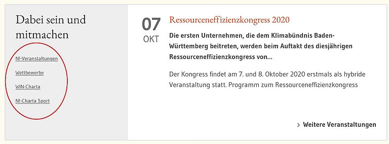 Ein Sreenshot zeigt die Navigationselemente der Startseite zu Aktionsbereichen und den nächsten Veranstaltungen. Rot umrandet sind die Elemente zu den Aktionsbereichen.