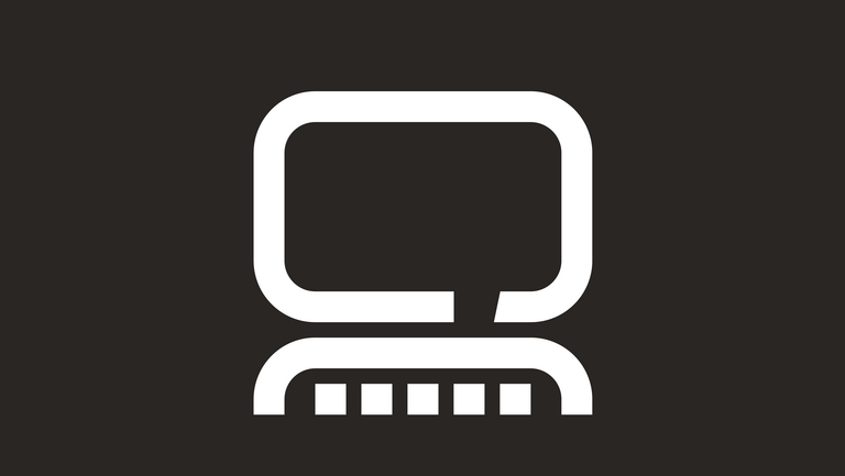 weißes Icon eines Computerbildschirms mit Tastatur auf schwarzem Hintergrund.