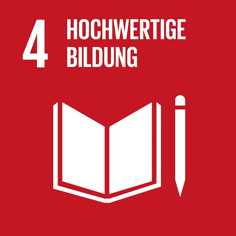 Icon für SDG 4 hochwertige Bildung, dargestellt wird ein aufgeschlagenes Heft mit Stift und auf rotem Hintergrund.