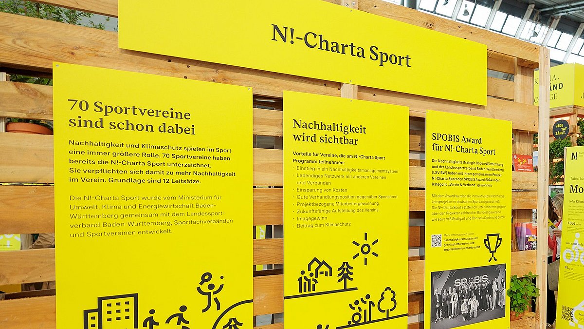 Plakatwände der N!-Charta Sport am Stand der Nachhaltigkeitsstrategie.