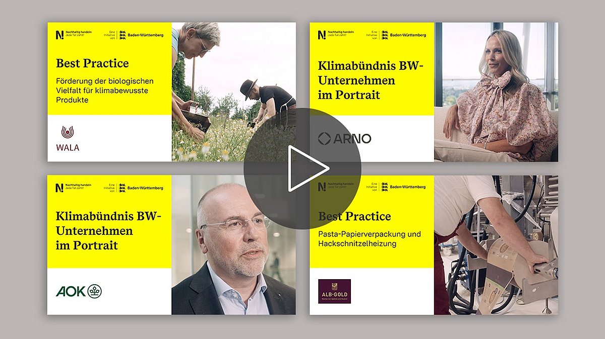 Zusammenschnitt verschiedener Thumbnails von Interview-Videos des Klimahündnis und Klimaneutrale nachhaltige Produktion.