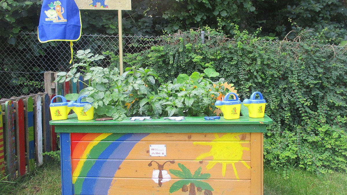 Hochbeet mit Bepflanzung.