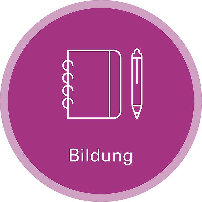 Icon zu Handlungsfeld: Bildung. Die Grafik zeigt als Strichzeichnung einen Spiral-Block und einen Stift.