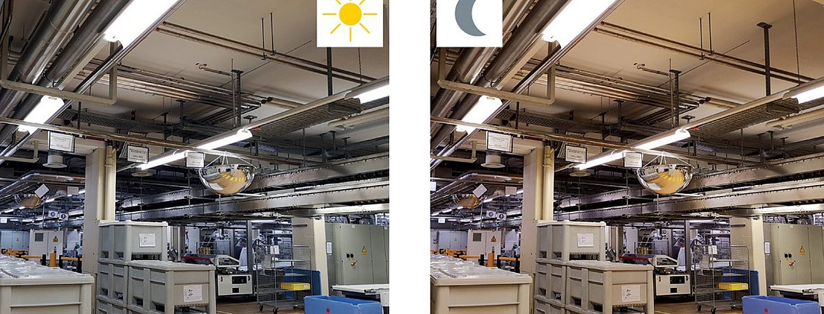biodyn licht.RitterSport: Das Bild macht den Unterschied zwischen dem biodynamischen Licht tagsüber und abends deutlich. Die Aufnahme links zeigt die Beleuchtung im Bereich der Packmaschinen bei Tag. Die Aufnahme rechts zeigt die Beleuchtung im Bereich der Packmaschinen bei Nacht.
