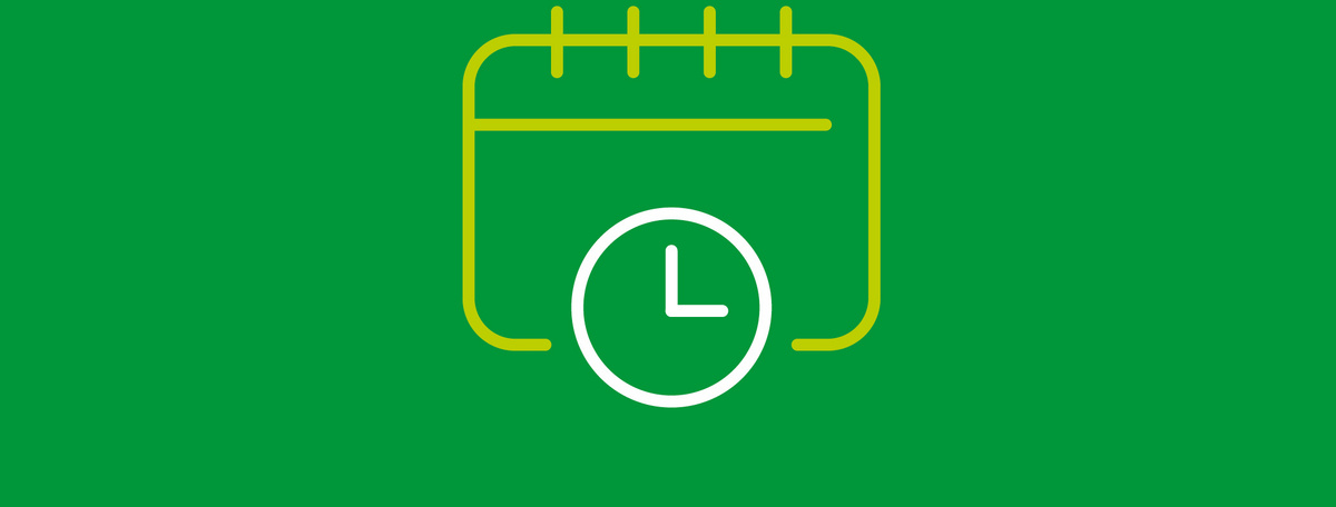 Grafik eines Kalenders und einer Uhr auf grünem Hintergrund.