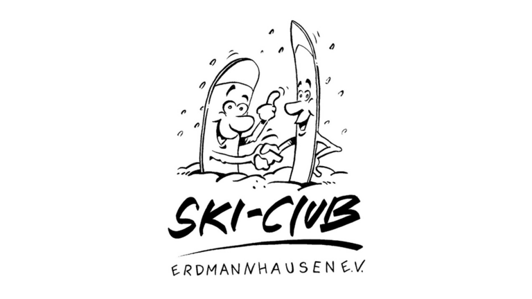 Logo des Ski Club Erdmannhausen: Zwei mit schwarz gezeichnete Ski mit Augen, Nase und Mund, darunter Schriftzug Ski-Club Erdmannhausen e.V.