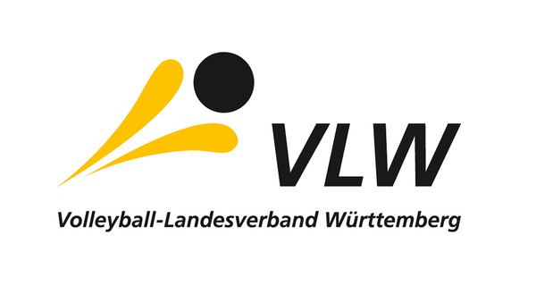 Zu sehen ist das Logo des Volleyball-Landesverband Württemberg: Zwei gelbe Linien, die von links nach rechts außeinander gehen und am Ende ein schwarzer Kries, der mittig dazwischen liegt. Rechts davon sind die Initialien des Verbands "VLW" zu lesen.