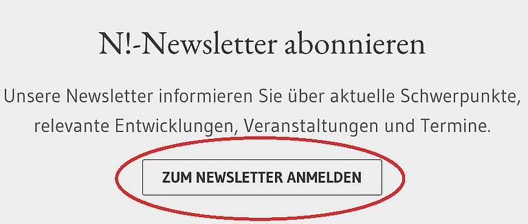 Ein Sreenshot zeigt die Navigationselemente im Footer zu den Newslettern der Nachhaltigkeitsstrategie. Rot umrandet ist der Button zur Anmeldung für die Newsletter..