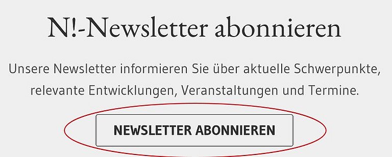 Ein Sreenshot zeigt die Navigationselemente im Footer zu den Newslettern der Nachhaltigkeitsstrategie. Rot umrandet ist der Button zur Anmeldung für die Newsletter..