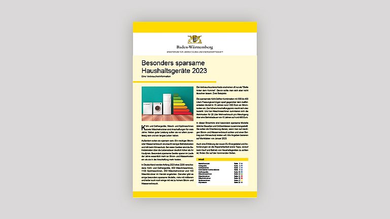 Titelseite der Broschüre "Besonders sparsame Haushaltsgeräte 2023" vom Umweltministerium Baden-Württemberg.