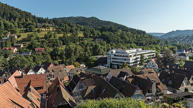 Eine Ansicht auf Schiltach mit dem Firmengebäude der Hansgrohe SE.