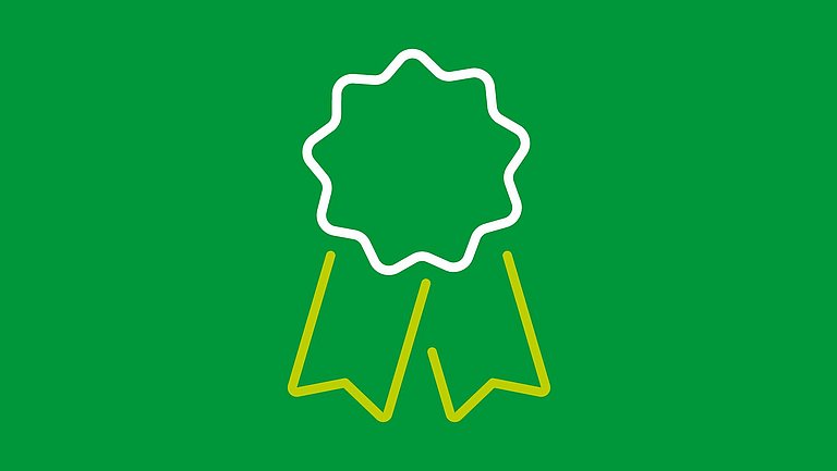 Eine Illustration mit einer stilisierten Medaille auf dunkelgrünem Hintergrund.