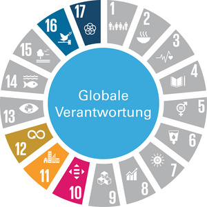 Die Grafik zeigt das Handlungsfeld „Globale Verantwortung“ als vollflächigen hellblauen Kreis. Die textliche Benennung des Handlungsfelds ist in weißer Schrift dargestellt. Um den Kreis sind tortenstückartig die Zeichen der 17 Globalen Nachhaltigkeitsziele (Sustainable Development Goals – SDGs) angeordnet. SDGs, die keinen Bezug zu diesem Handlungsfeld haben, sind grau dargestellt. SDGs mit Bezug zum Handlungsfeld sind in der jeweiligen SDG-Farbe abgebildet. Folgende SDGs nehmen Bezug zum Handlungsfeld: Das Handlungsfeld nimmt Bezug zu folgenden SDGs: SDG 10: „Weniger Ungleichheiten“, SDG 11: „Nachhaltige Städte und Gemeinden“, SDG 12: „Nachhaltiger Konsum und Produktion“, SDG 16: „Frieden, Gerechtigkeit und Starke Institutionen“ und SDG 17: „Partnerschaften zur Erreichung der Ziele“.