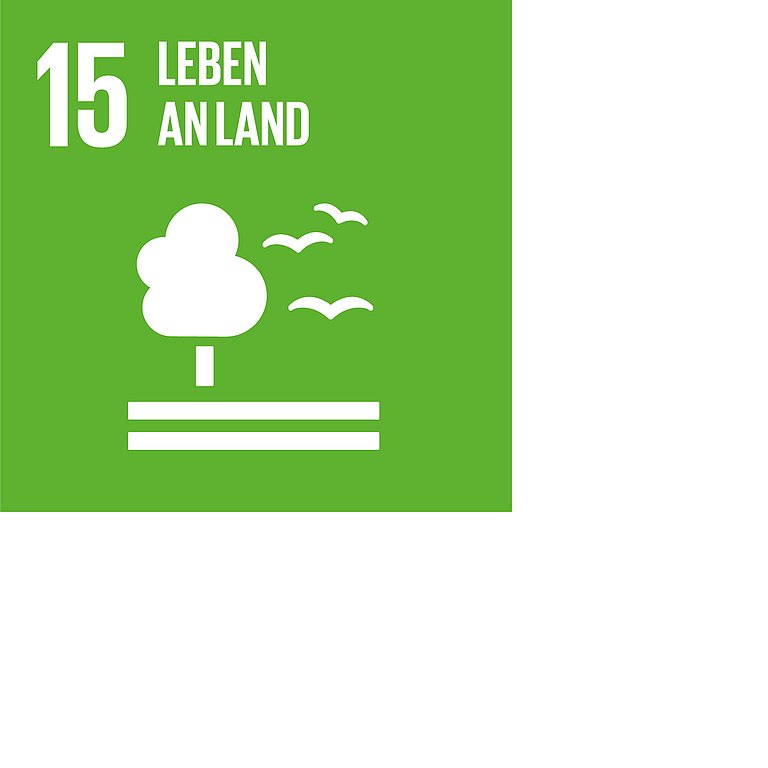 Icon für SDG 15 Leben an Land, dargestellt wird ein Baum und drei Vögel auf zwei liegenden Balken auf grünem Hintergrund.