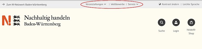 Ein Sreenshot des Headers zeigt die ersten beiden Navigationszeilen. Rot umrandet sind die Links zu Veranstaltungen, Wettbewerbe und Service.